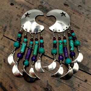 Vintage Tabra Sterling Silver Turquoise & Amethyst Statement Earrings – 3.5”